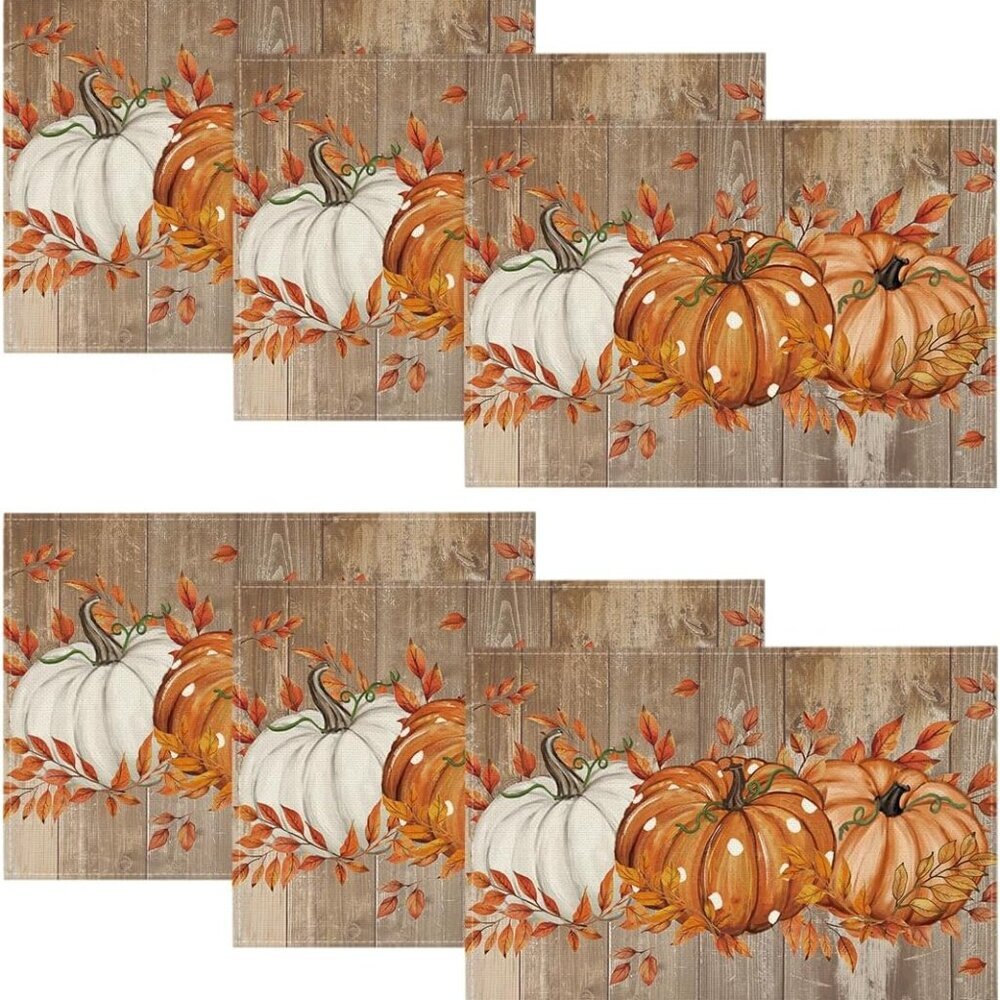 White Pumpkin Wood Grain Fall Placemats Set of 6, 12x18 Inch Seasonal Thanksgivi